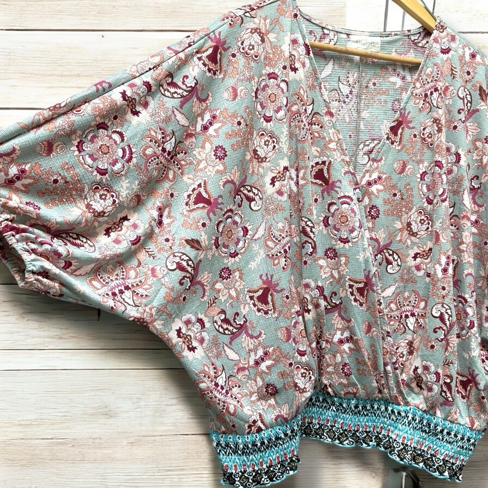 Melloday Faux‎ Wrap Smocked Waist Batwing Moss Green Floral Print Top